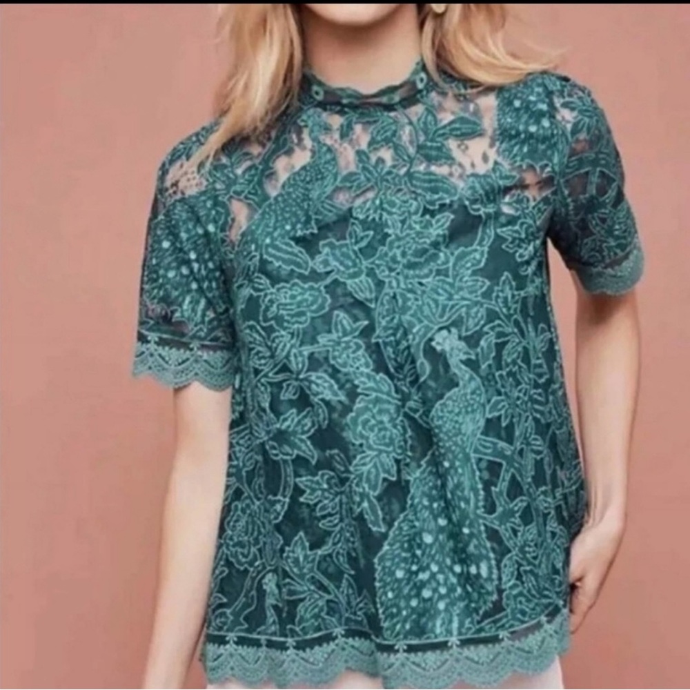 Embroidered Lace Short Sleeve Blouse in Teal